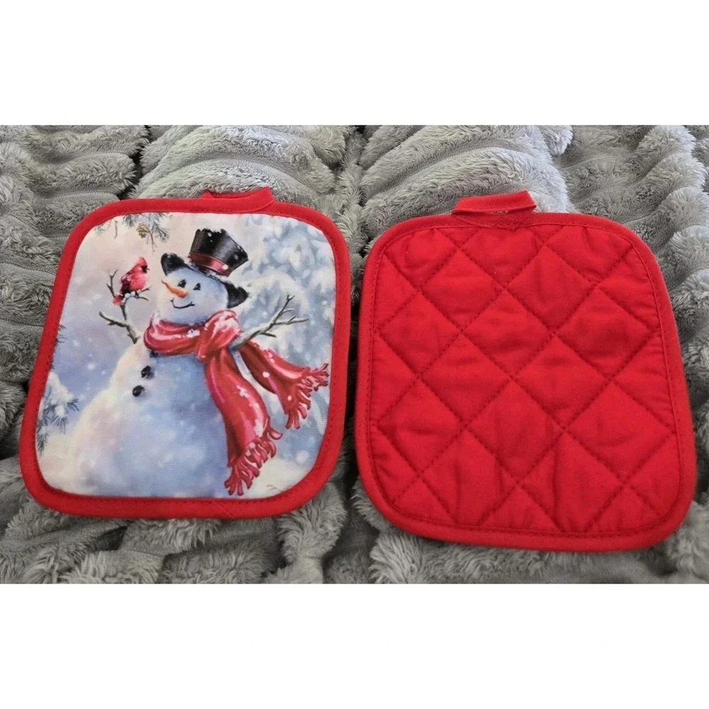 Christmas Snowman Kitchen Set Towel Oven Mitt Pot Holder Red Cardinal‎ Winter